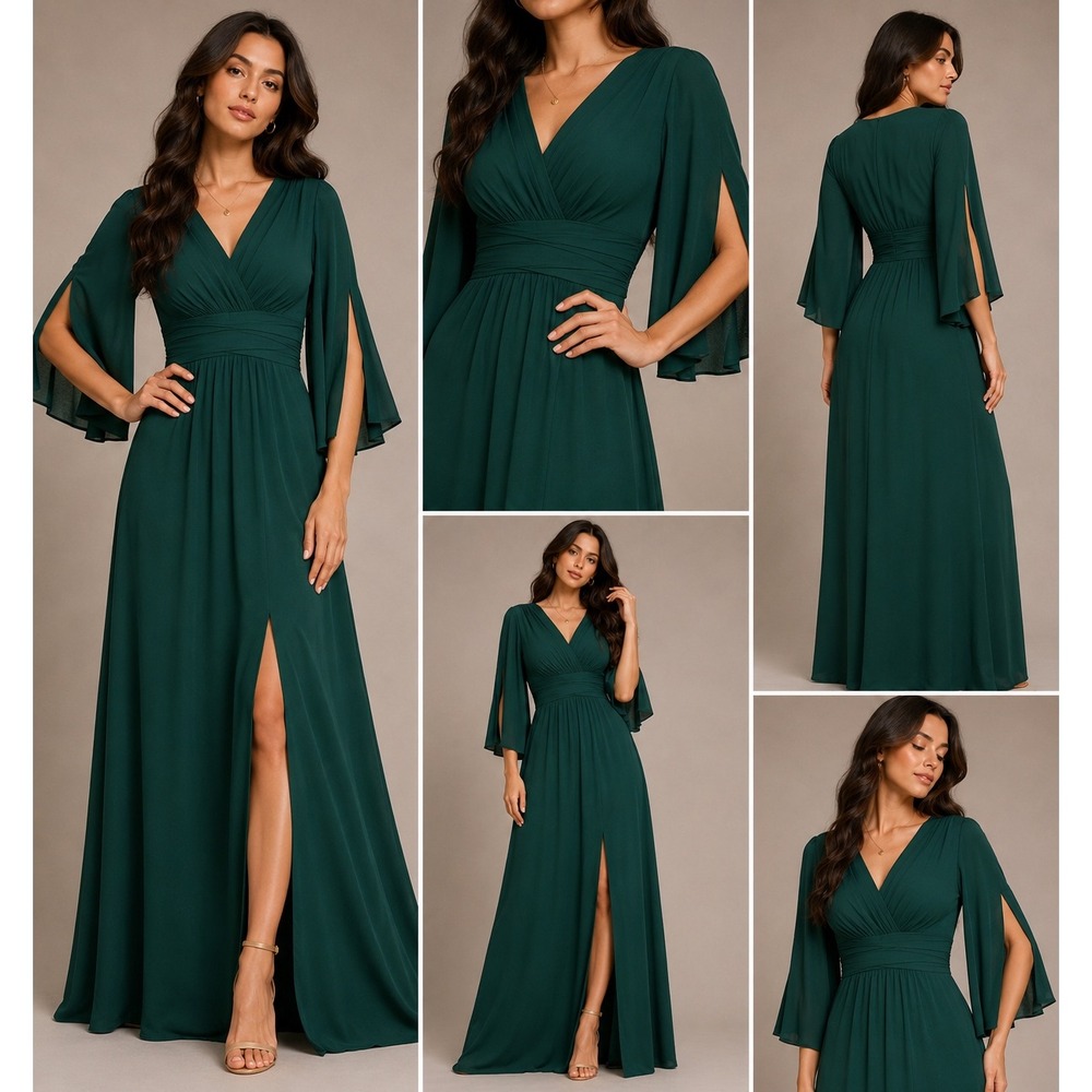 KOH KOH Emerald Green Split Bell Sleeve V-Neck Maxi Dress NT408 Womens XS NWT